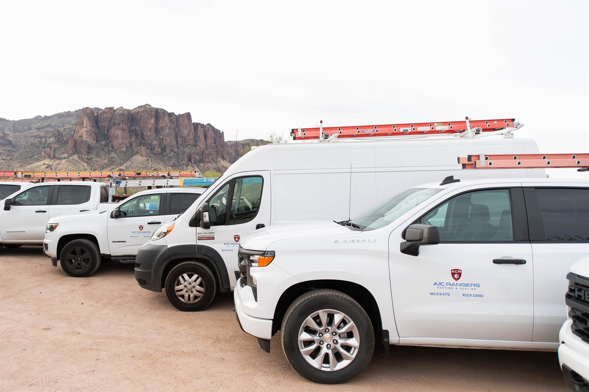 The A/C Rangers fleet lined up in front of the Superstition Mountains